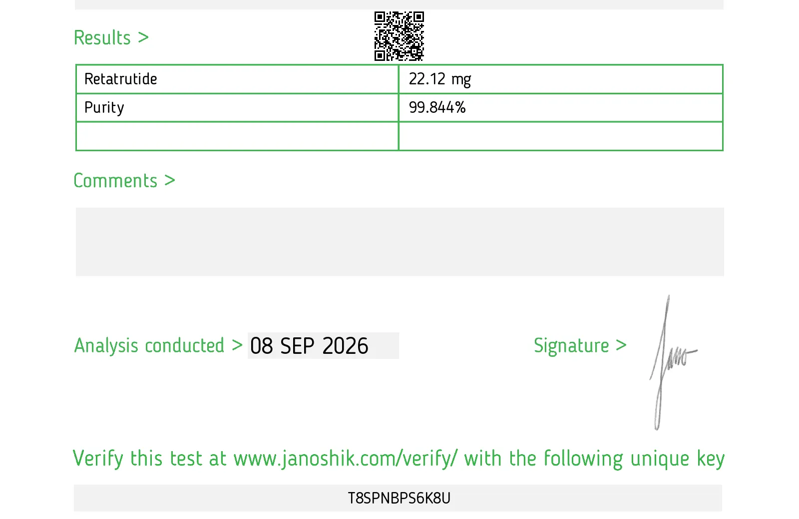 Ergebnisteil des Janoshik-Berichts zur Charge C208: Retatrutide 22,12 mg, Reinheit 99,844 %, analysiert am 08.09.2026, Prüfschlüssel T8SPNBPS6K8U