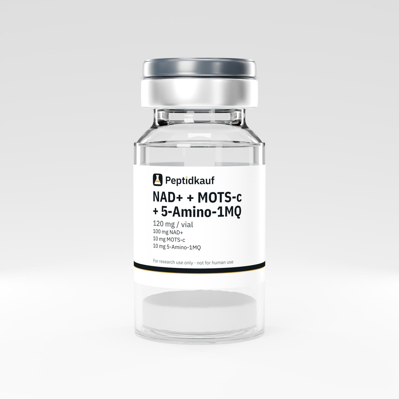 NAD+ + MOTS-c + 5-Amino-1MQ 120 mg vial with Peptidkauf label and batch number