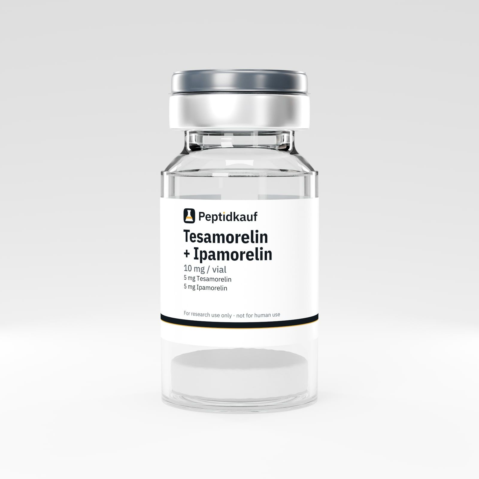 Tesamorelin + Ipamorelin 10 mg vial with Peptidkauf label and batch number
