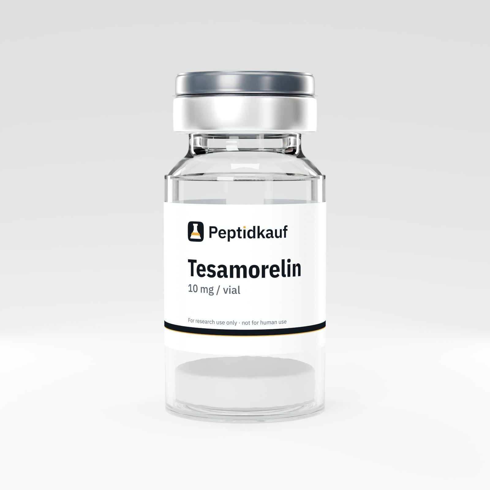 Tesamorelin 10 mg Vial mit Peptidkauf-Etikett und Chargennummer